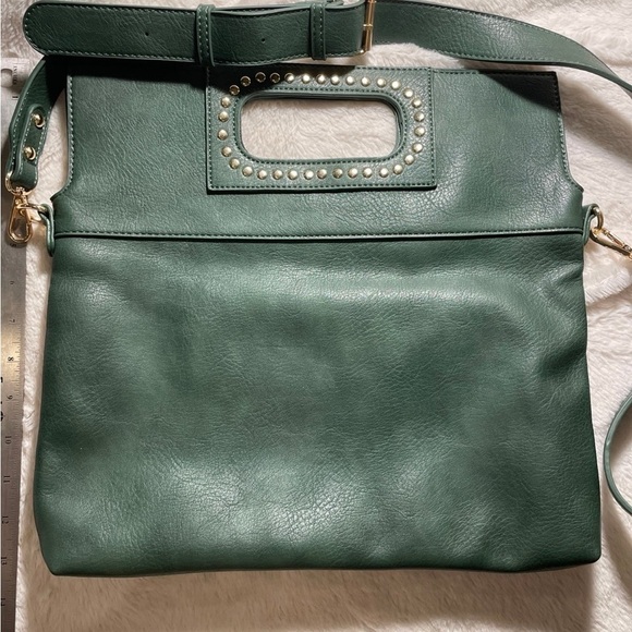 Ah-dorned large adjustable green studded Crossbody designer bag - Picture 2 of 4